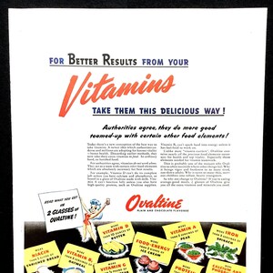 1945 Ovaltine Vintage Ad, Advertising Art, Magazine Ad, Print Ad, Vitamins, Advertisement, Great to Frame.