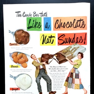 1951 Mars Bar Vintage Ad, Advertising Art, Candy, Magazine Ad, Chocolate, Print Ad, Advertisement, Great to Frame.