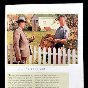 May include: A retro advertisement showing two men, one in a suit, the other carrying a basket of apples. They stand by a white picket fence with a house in the background. The text reads "...the easy way." The advert is for Upjohn.