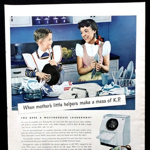 1945 Westinghouse Laundromat Vintage Ad, Advertising Art, Magazine Ad, 1940&#39;s Laundry, Print Ad, Great to Frame.