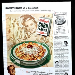 1950 Kellogg&#39;s Corn Flakes Vintage Ad, Advertising Art, Cereal, Magazine Ad, Retro Ad, Breakfast, Great to Frame.