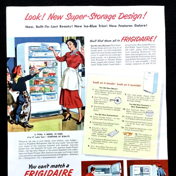 1950 Frigidaire Refrigerator Vintage Ad, Advertising Art, Magazine Ad, 1950's Kitchen, Retro Ad, Great to Frame.