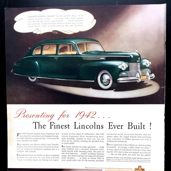 1942 Lincoln Zephyr Continental Custom Vintage Ad, Advertising Art, Magazine Ad, Print Ad, Retro Car Ad, Great to Frame.