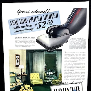 1939 Hoover Vacuum Cleaner Vintage Ad, Advertising Art, Magazine Ad, Print Ad, 1930&#39;s Decor, Great to Frame.