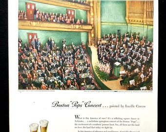 1945 &quot;Beer Belongs&quot; Vintage Ad, Advertising Art, Boston &quot;Pops&quot; Concert, Magazine Ad, Bar Decor, Great to Frame.