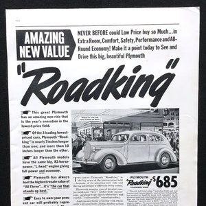 1938 Plymouth Roadking Vintage Ad, Advertising Art, Print Ad, Magazine Ad, Great to Frame.