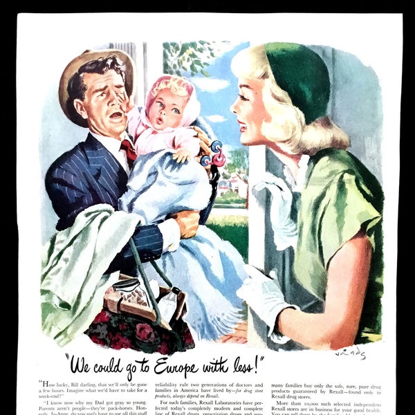 1947 Recall Drugs Vintage Ad, Advertising Art, Magazine Ad, Print Ad, 1940's Family, Great to Frame.