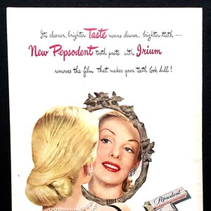 1946 Pepsodent Zahnpasta Vintage Anzeige, Werbekunst, 1940er Jahre Mode, Zeitschriftenanzeige, großartig zum Einrahmen.