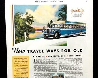 Anúncio de ônibus Greyhound de 1931, Impressão de Viagem Vintage, Arte de Revista