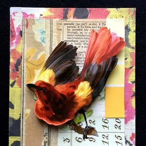 Original Collage Art, &quot;Red Bird&quot;, Handmade, Unframed Paper Collage, Bird, Wall Art, Vintage Papers, Great to Frame.