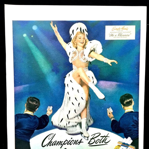 1945 Chesterfield Cigarettes Vintage Ad, Sonja Henie, Advertising Art, Magazine Ad, Ice Skating, Print Ad, Great to Frame.