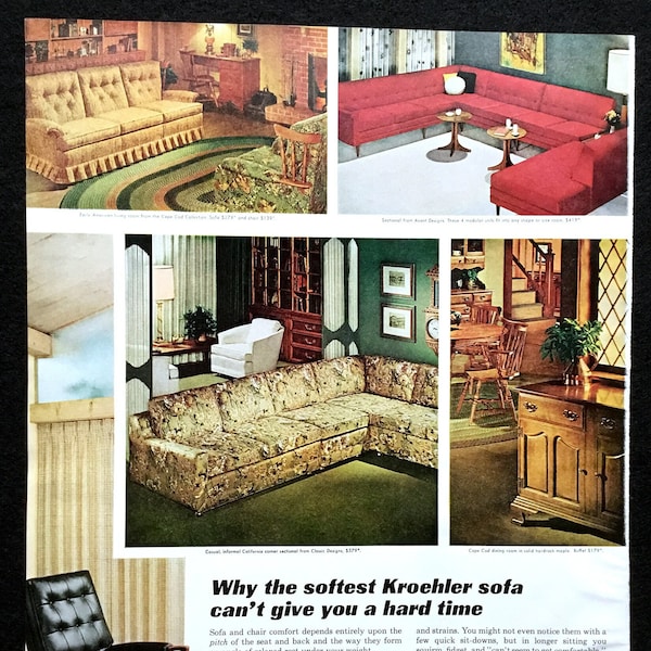 1965 Kroehler Sofas Vintage Ad, Advertising Art, 1960's Decor, Magazine Ad, Print Ad, Retro Decor, Great to Frame.