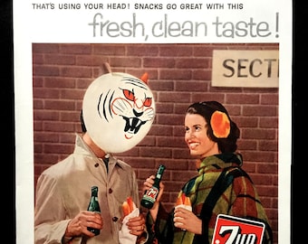 May include: Vintage advertisement for 7-Up soda. The ad features a man wearing a tiger mask and a woman, both holding 7-Up bottles and snacks. The ad includes the text "fresh, clean taste!" and "Nothing does it like Seven-Up."