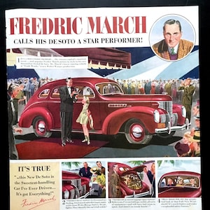 1938 De Soto Vintage Ad, Advertising Art, Magazine Ad, Fredric March, Print Ad, Retro Car Ad, Great to Frame.