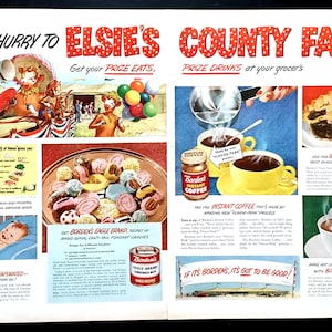 1950&#39;s Borden&#39;s Vintage Ad, Advertising Art, Elsie Cow, Eagle Brand Condensed Milk, Magazine Ad, Print Ad, Great to Frame.