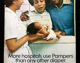 Anuncio de revista vintage de pañales Pampers de 1977, arte publicitario, recién nacido.