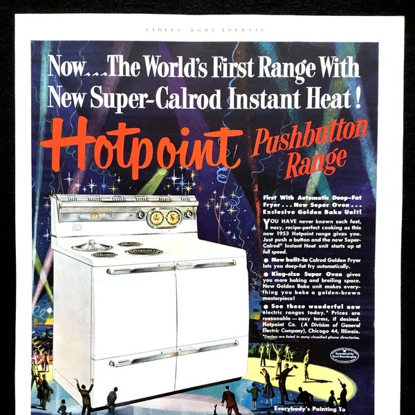 1953 Hotpoint Pushbutton Range Vintage Ad, Advertising Art, Magazine Ad, Stove, Retro Ad, Great to Frame.