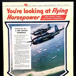 1945 Mobilgas Vintage Ad, Advertising Art, WWII, Magazine Ad, Fighter Pilots, Print Ad, Advertisement, Great to Frame.