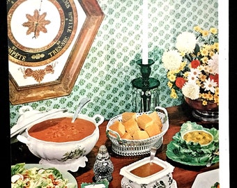 Imagen de comida vintage de 1950, cena, fotografía de comida, decoración de cocina, arte de revista, ideal para enmarcar o collage.