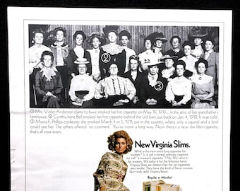 May include: Vintage advertisement for New Virginia Slims cigarettes. The ad features a group of women in vintage clothing, a woman in a patterned dress, and two packs of cigarettes. The text reads "You've come a long way."