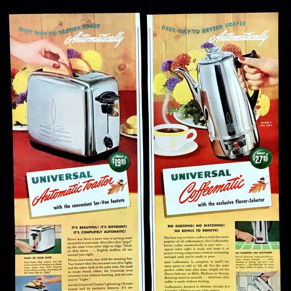 1950's Universal Housewares Vintage Ads, Set of Two, Coffeematic, Advertising Art, Toaster, Retro Ads, Great to Frame.