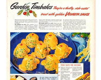 1949 Kraft Cheese Vintage Ad, Velveeta, Advertising Art, Magazine Ad, Garden Timbales, Advertisement, Great to Frame.