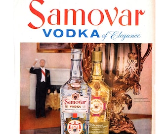 1950s Samovar Vodka Ad, Vintage Magazine Advertisement Art