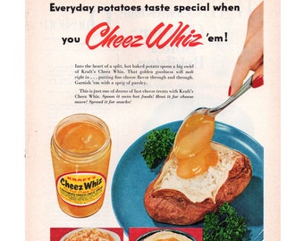 1956 Kraft's Cheez Whiz Vintage Ad, Advertising Art, Magazine Ad, Baked Potatoes, Advertisement, Great to Frame.