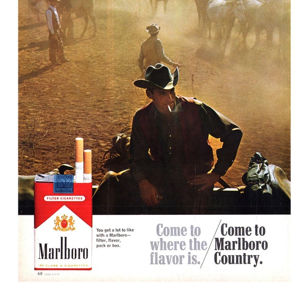 1967 Marlboro Cigarettes Vintage Ad, Advertising Art, Marlboro Country, Magazine Ad, Smoking, Great to Frame.