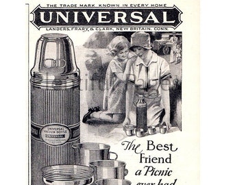 1928 Universal Vacuum Bottle Ad, Picnic Advertising Art