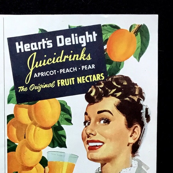 1950 Heart's Delight Juicidrinks Vintage advertentie, reclamekunst, tijdschriftadvertentie, vruchtensap, printadvertentie, geweldig om in te kaderen.