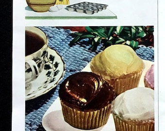 1950 Baker's Cup Cakes Vintage Ad, Werbekunst, Zeitschriftenwerbung, Dessert, Printwerbung, Werbung, großartig zum Einrahmen.