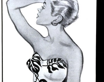 May include: Black and white illustration of a woman wearing a white swimsuit with a black floral print. The swimsuit is called "taro vine" and is by Catalina. The text "Hand-printed in California on Nylo-nit, knitted two-way stretch Lastex, Acetate and Nylon for light weight, fast drying, long wear. $14.95 by Catalina" is also included in the image.