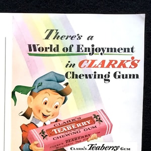 1942 Clark&#39;s Chewing Gum Vintage Ad, Werbekunst, Teaberry Gum, Magazin Ad, Print Ad, Great to Frame.