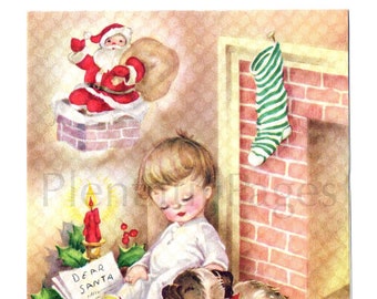 Tarjeta de felicitación de Navidad vintage de 1940, Santa, tarjeta de Navidad, tarjeta de felicitación vintage, ilustración vintage, ideal para enmarcar.