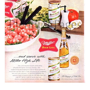 1955 Miller High Life Beer Vintage Ad, Advertising Art, Beer, Magazine Ad, Shrimp, Advertisement, Great for Framing.