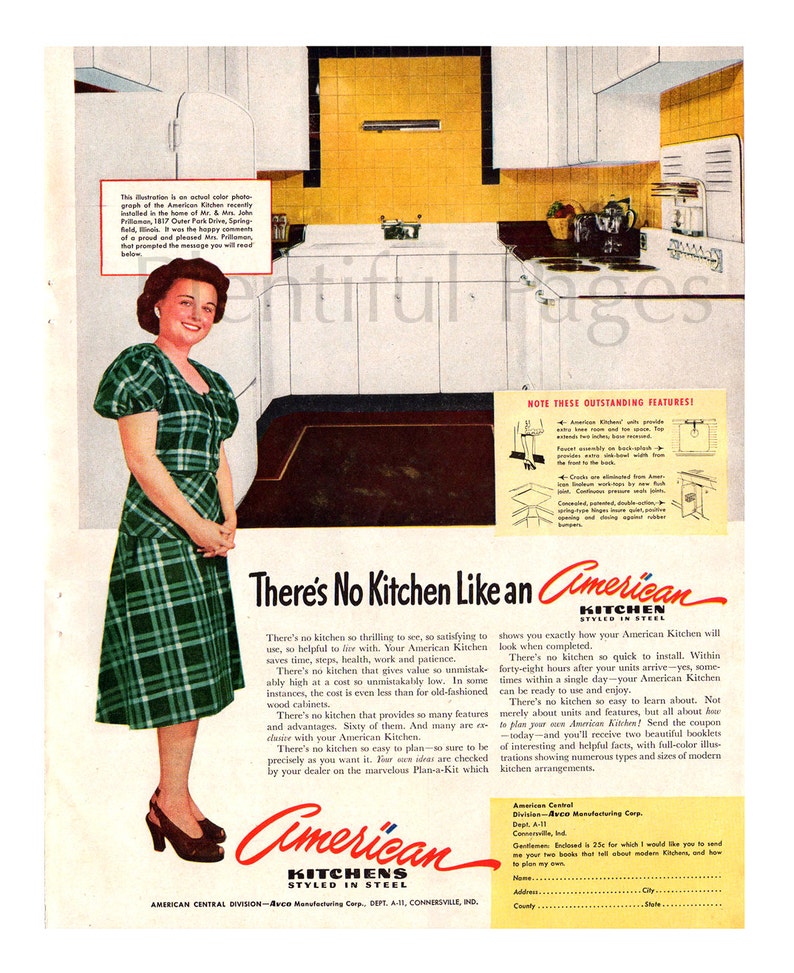 1940/'s Fashion 1947 American Kitchens Vintage Ad Advertising Art 1940/'s Housewife Retro Kitchen Retro Decor. 1940/'s Kitchen