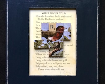 Collage Art, "What Robin Told", Hand Painted, Framed, Scrabble Tile Collage/Vintage Images.