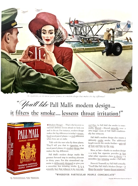 when was pall mall cigarettes invented 1941 Pall Mall Cigarettes Ad, WWII Era Fashion, Framable Magazine Art