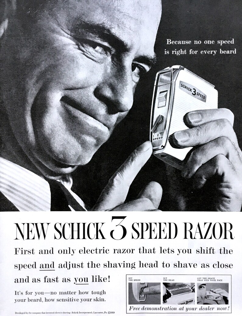 1950s Schick 3 Speed Razor Ad, Vintage Magazine Print - Etsy