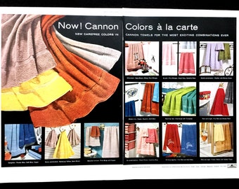 1955 Cannon Towels Reklama w magazynie Vintage, kolorowe ręczniki kąpielowe