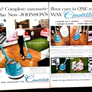 1957 The Johnson&#39;s Wax Convertible Vintage Ad, Advertising Art, Magazine Ad, 1950&#39;s Decor, Print Ad, Great to Frame.