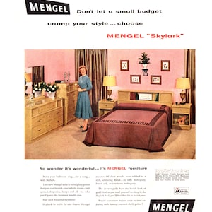1954 Mengel Furniture Vintage Ad, Advertising Art, Magazine Ad, Mid Century Modern, 1950&#39;s Bedroom, Great to Frame.