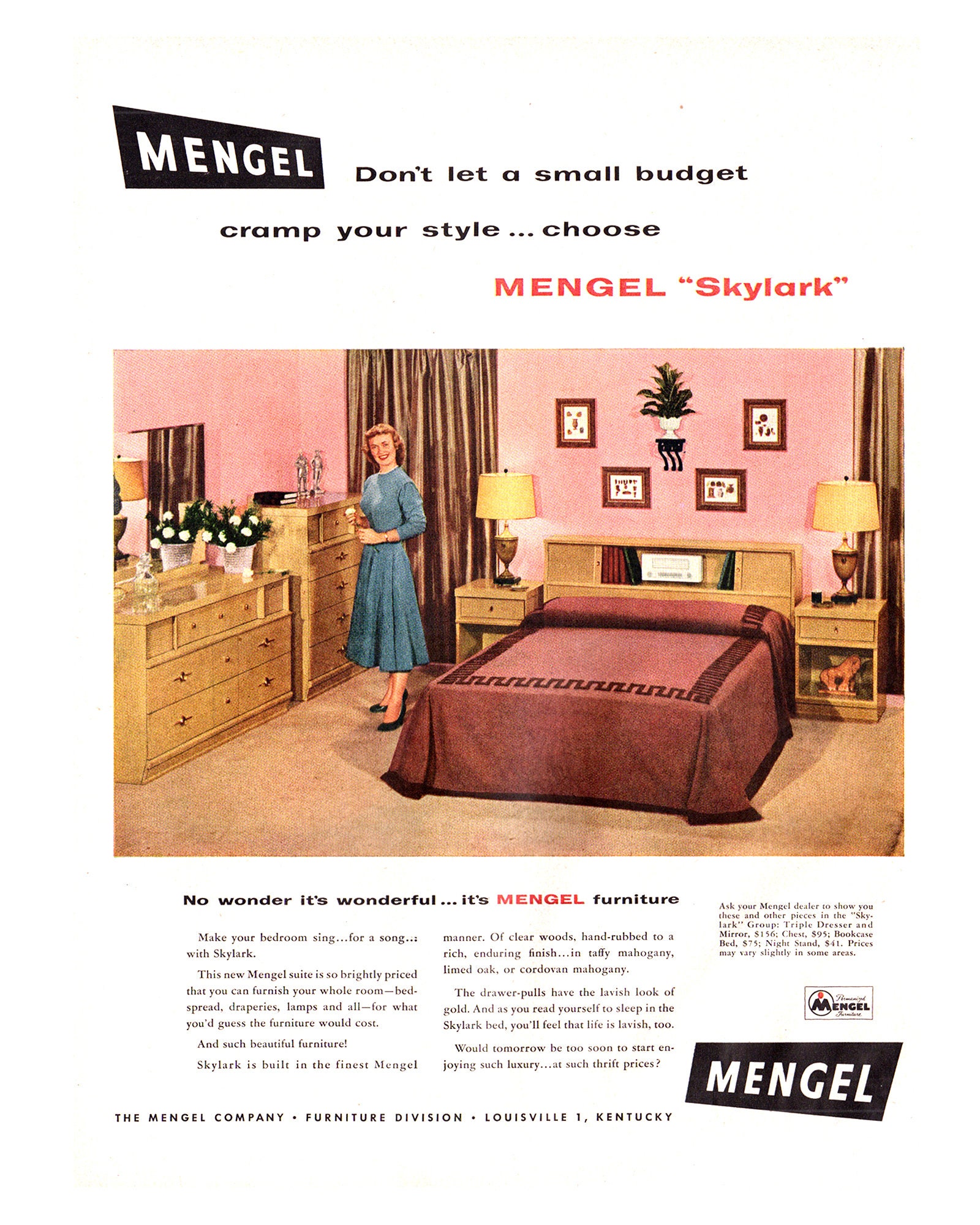 1954 Mengel Furniture Vintage Ad Advertising Art Magazine Ad Mid Century Modern 1950 s Bedroom Great to Frame