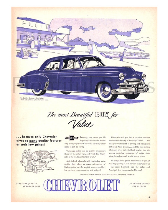 1949 CHEVROLET STYLELINE Green Deluxe Car CHEVY VINTAGE AD