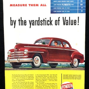 1947 Plymouth Vintage Ad, Advertising Art, Magazine Ad, Print Ads, Retro Car Ad, Great to Frame.