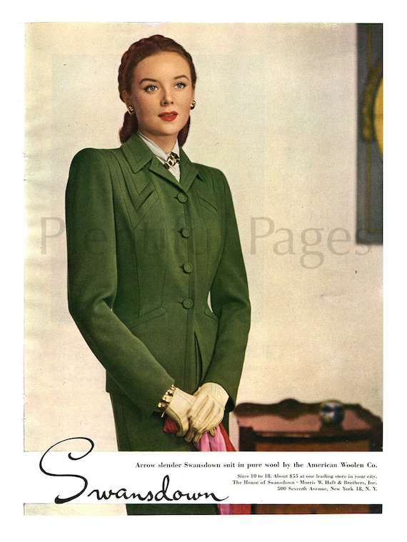 1945 Swansdown Vintage Ad, Moda dos anos 1940, Moda Vintage, Terno
