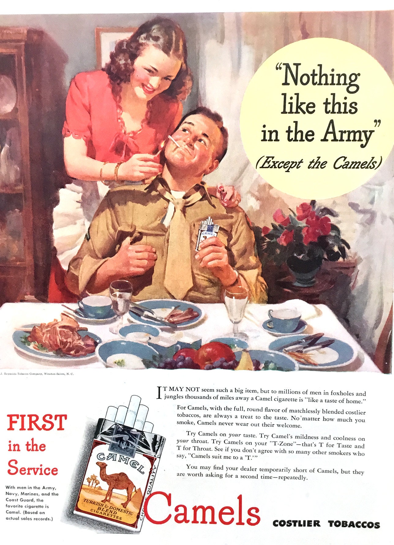 1945 Camels Cigarette Ad, WWII Era Magazine Print