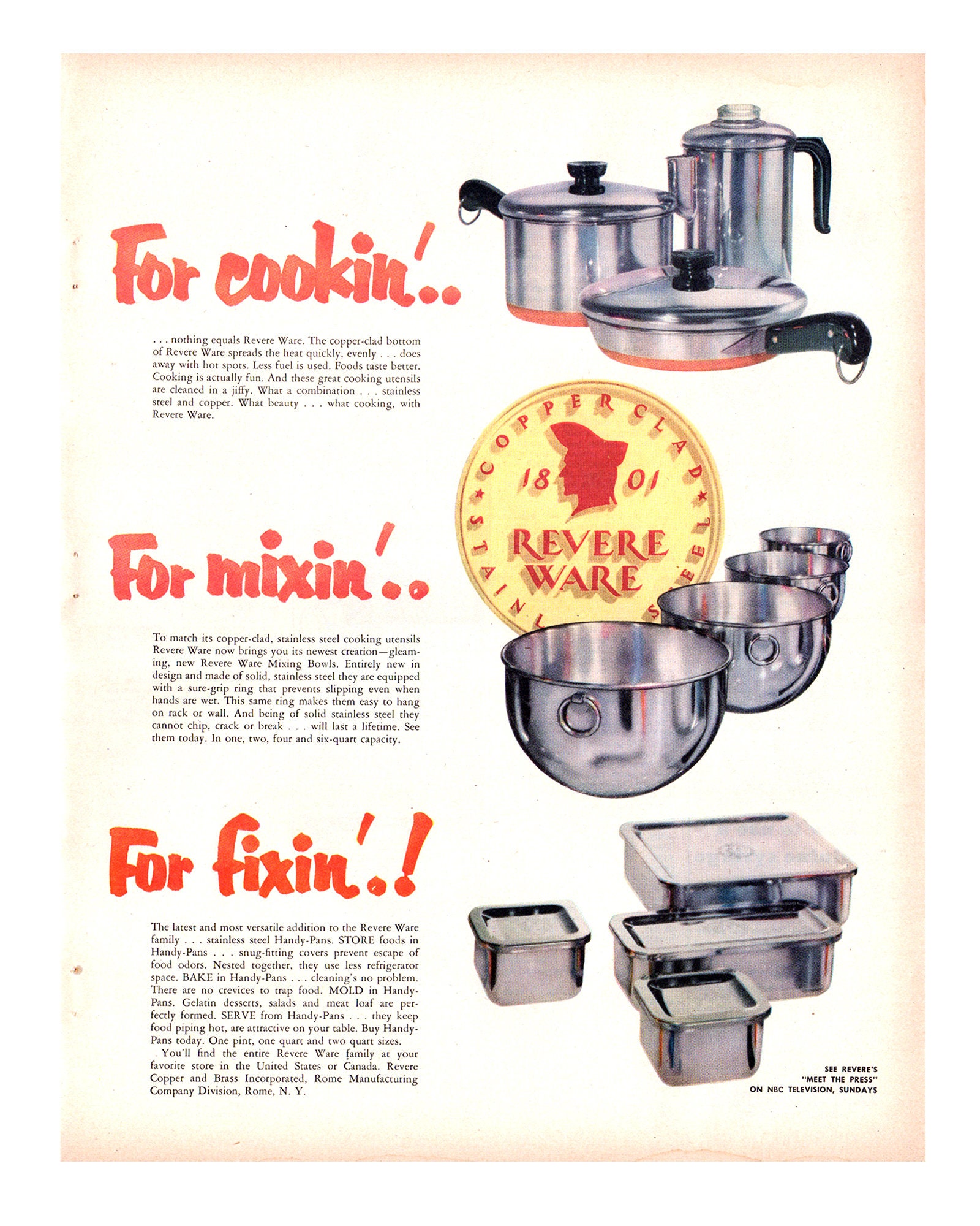 1960 Revere Ware Cookware Magazine Print Ad Copper Bottom Patriot Ware