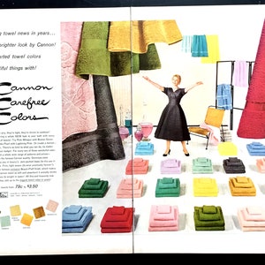 1950 Cannon Towels Vintage Ad, Advertising Art, Bath Towels, Magazine Ad,  Harlequin Colors, Advertisement, Great to Frame. 